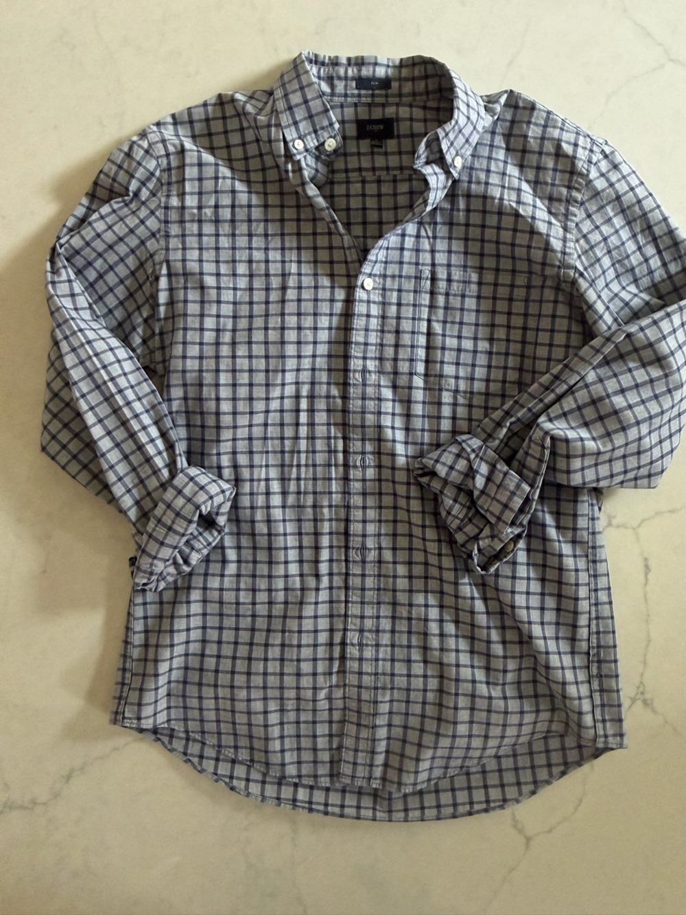 J. Crew Men's White and Blue Checked Button-Down Shirt